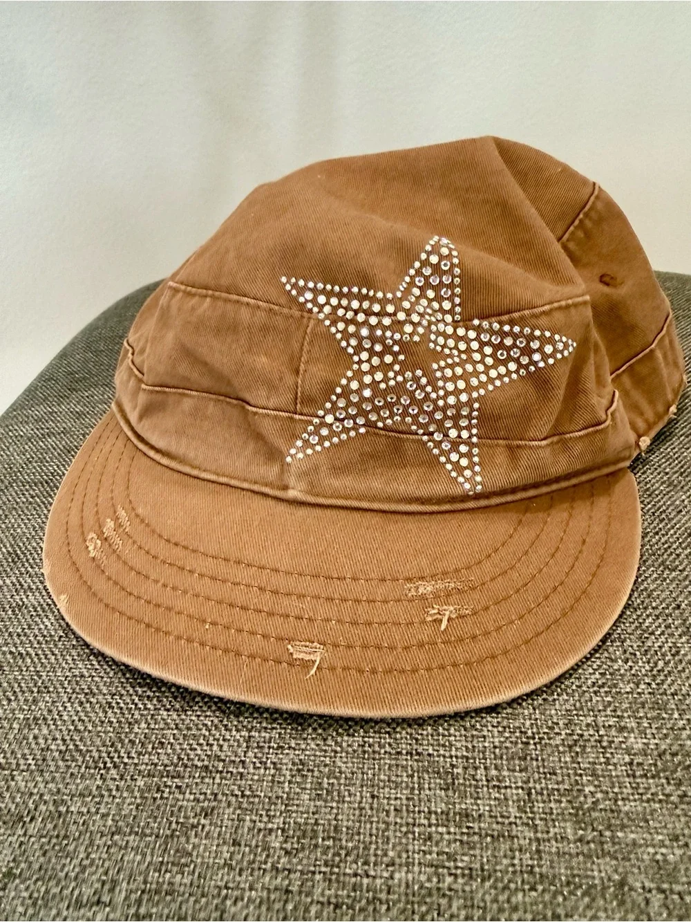 Brown Distressed Cap with Rhinestone Star